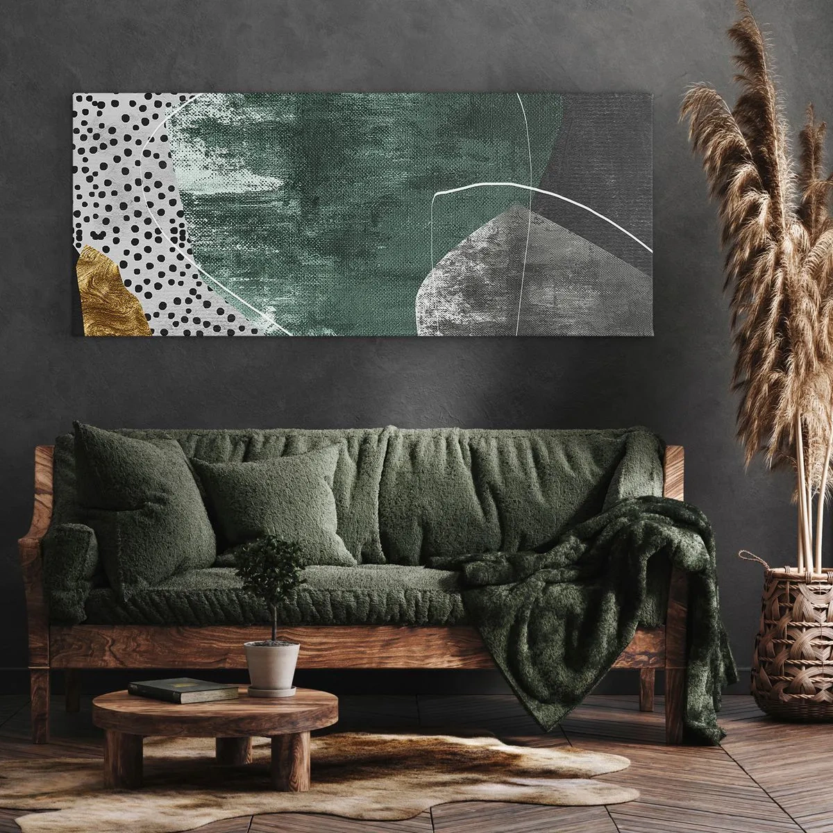 Canvastavla - Bild på duk - Färgstark abstraktion med en guldflinga - 160x50 cm