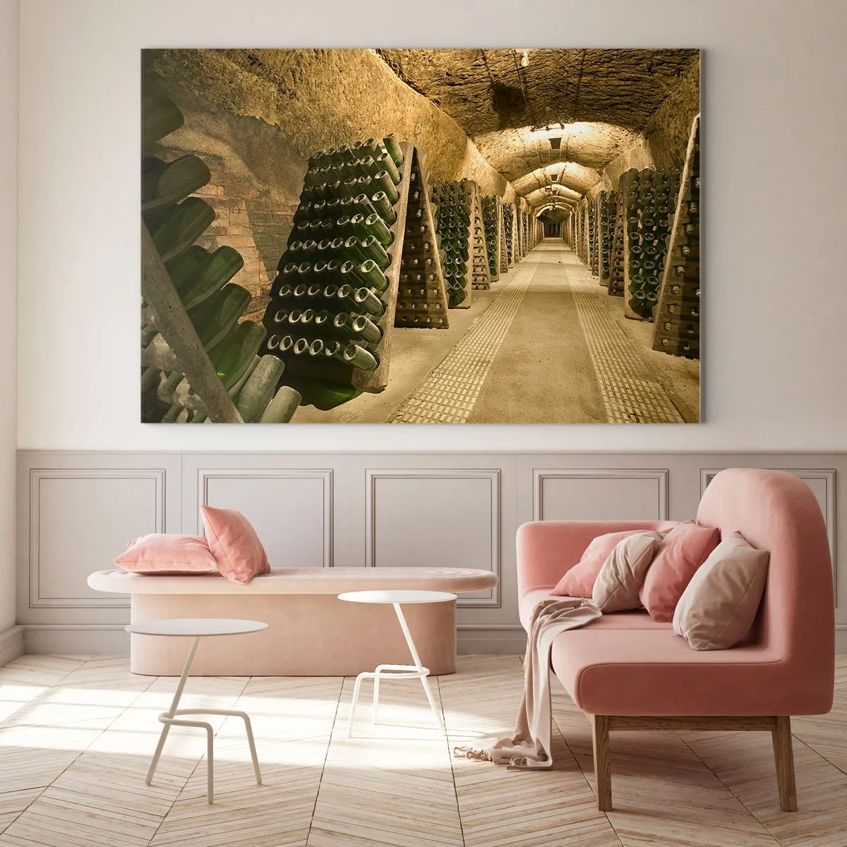 Glastavla - Bild på glas - En källare med vinflaskor som åldras i rader - 70x50cm - Smakens uppståndelse - Modern väggdekoration för vardagsrum och sovrum ARTTOR