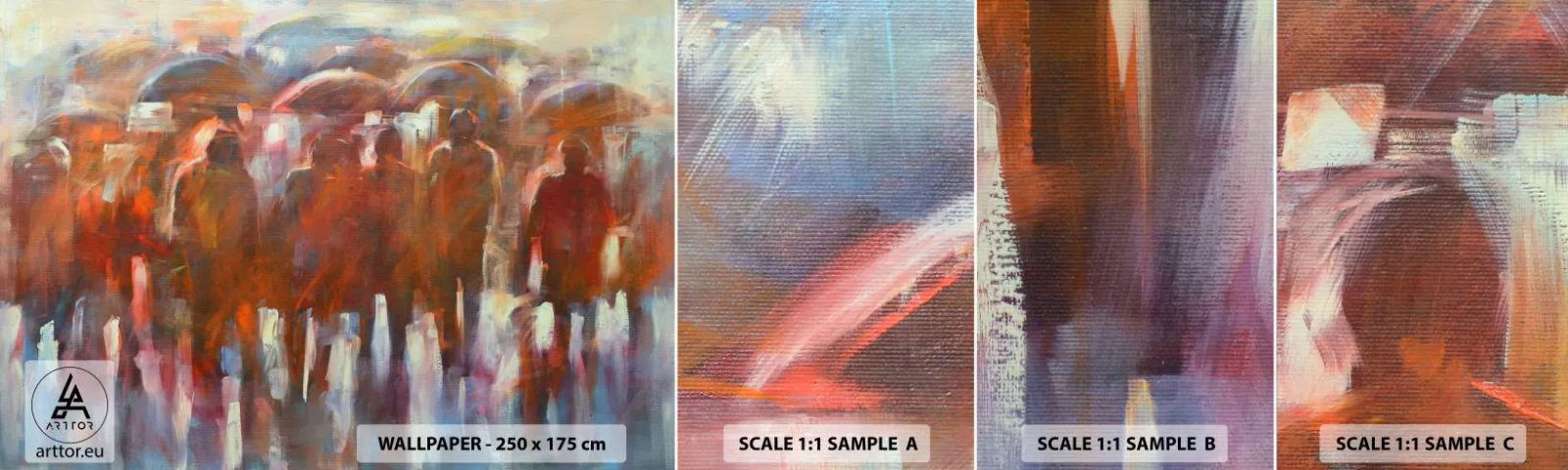 Provbit av självhäftande fototapet Deluxe Sticker - Jämna i regn och dimma - människor, Upptagen stad, Bit - 100x30 cm