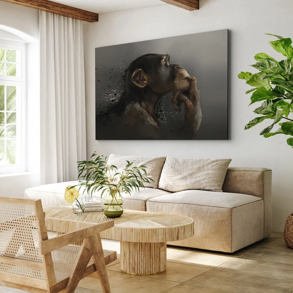 Canvastavla - Bild på duk - Porträtt av en apa i en reflekterande pose mot en grå bakgrund - 70x50cm - Säkert en tänkare - Modern väggdekoration för vardagsrum och sovrum ARTTOR