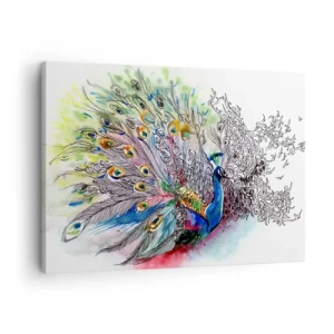 Canvastavla - Bild på duk - En påfågel i färgglad akvarellstil med abstrakta fjädrar - 70x50cm - Med stolthet mot det gråa  - Modern väggdekoration för vardagsrum och sovrum ARTTOR