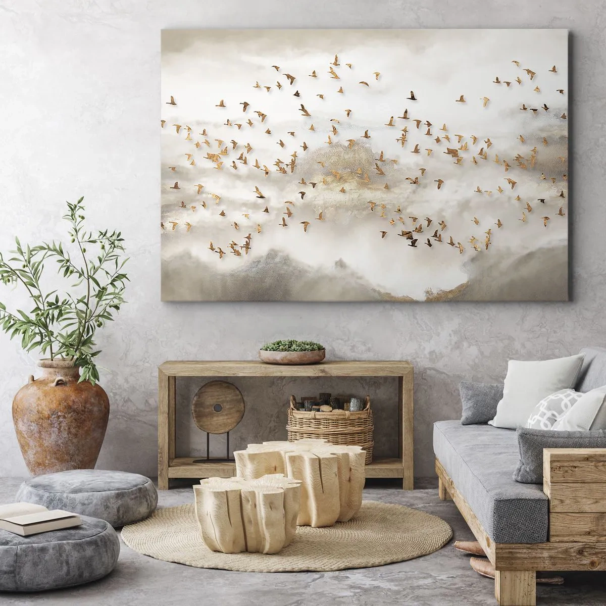 Canvastavla - Bild på duk - Gyllene fåglar mot de dimmiga bergen - 70x50cm - Det är dags... - Modern väggdekoration för vardagsrum och sovrum ARTTOR