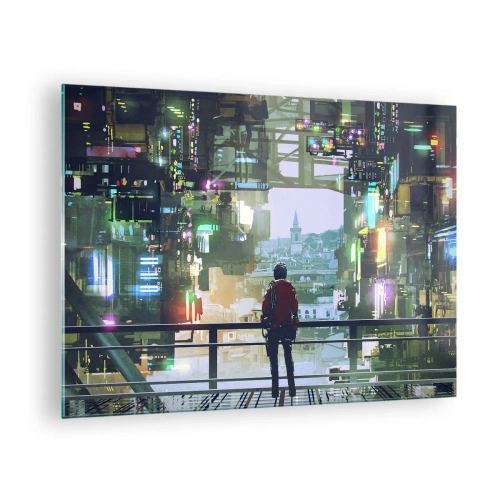Glastavla - Bild på glas - En figur mot bakgrund av en futuristisk stad med utsikt över gamla stan - 70x50cm - Två världar - Modern väggdekoration för vardagsrum och sovrum ARTTOR