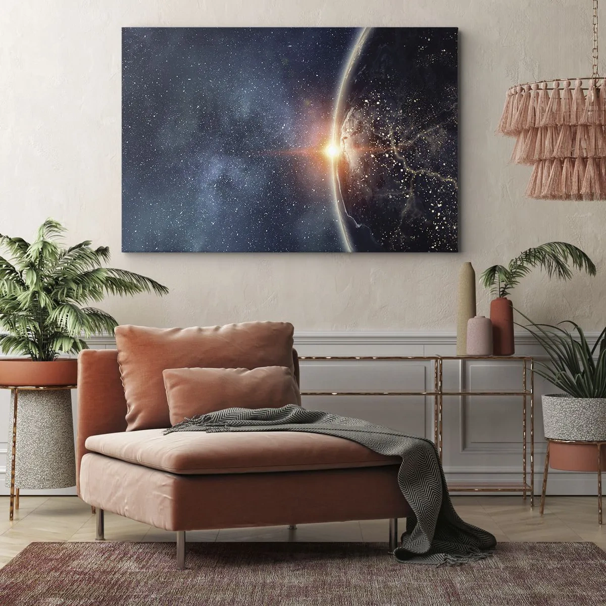 Canvastavla - Bild på duk - Jorden sedd från rymden med den uppgående solen - 70x50cm - I nytt perspektiv - Modern väggdekoration för vardagsrum och sovrum ARTTOR