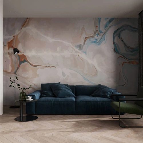 Fototapet Standard Eco - Blåa meanderlopp under vithet - Abstraktion, Bit, Modernt mönster - 350x256 cm