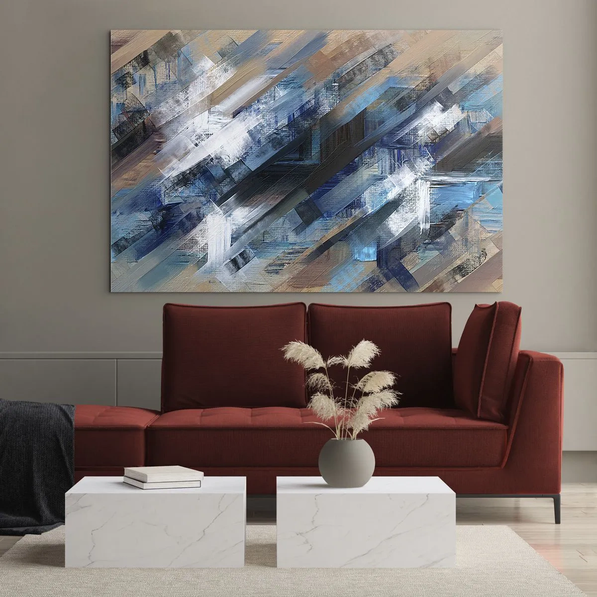 Glastavla - Bild på glas - Abstrakta diagonala ränder i nyanser av blått, vitt och beige - 70x50cm - På en blå sluttning - Modern väggdekoration för vardagsrum och sovrum ARTTOR