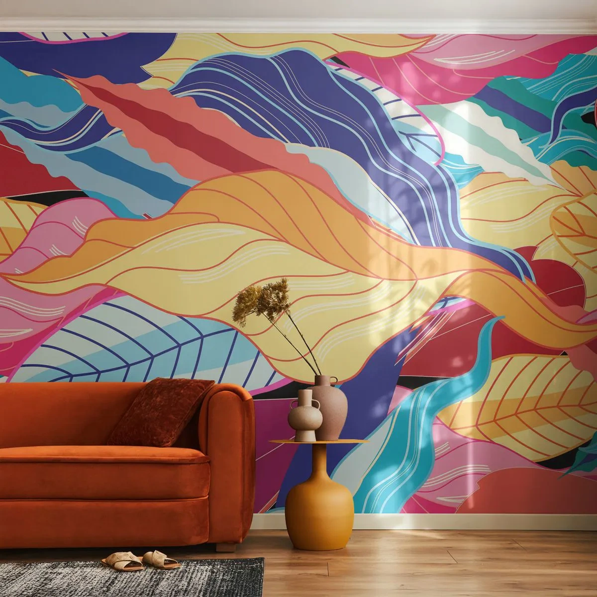 Fototapet Standard Eco - Färgglad röra - Abstraktion, Färgglada löv, Bit - 400x280 cm