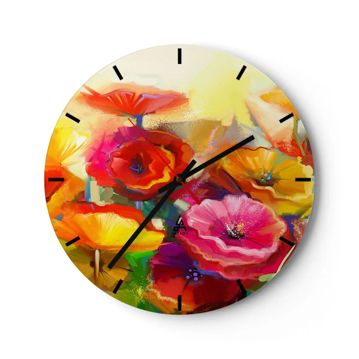 Väggklocka - Klocka på glas - Abstrakta färgglada blommor på en ljus bakgrund - 30x30cm - Inte bara rött - Modern väggdekoration för vardagsrum, kök och sovrum ARTTOR