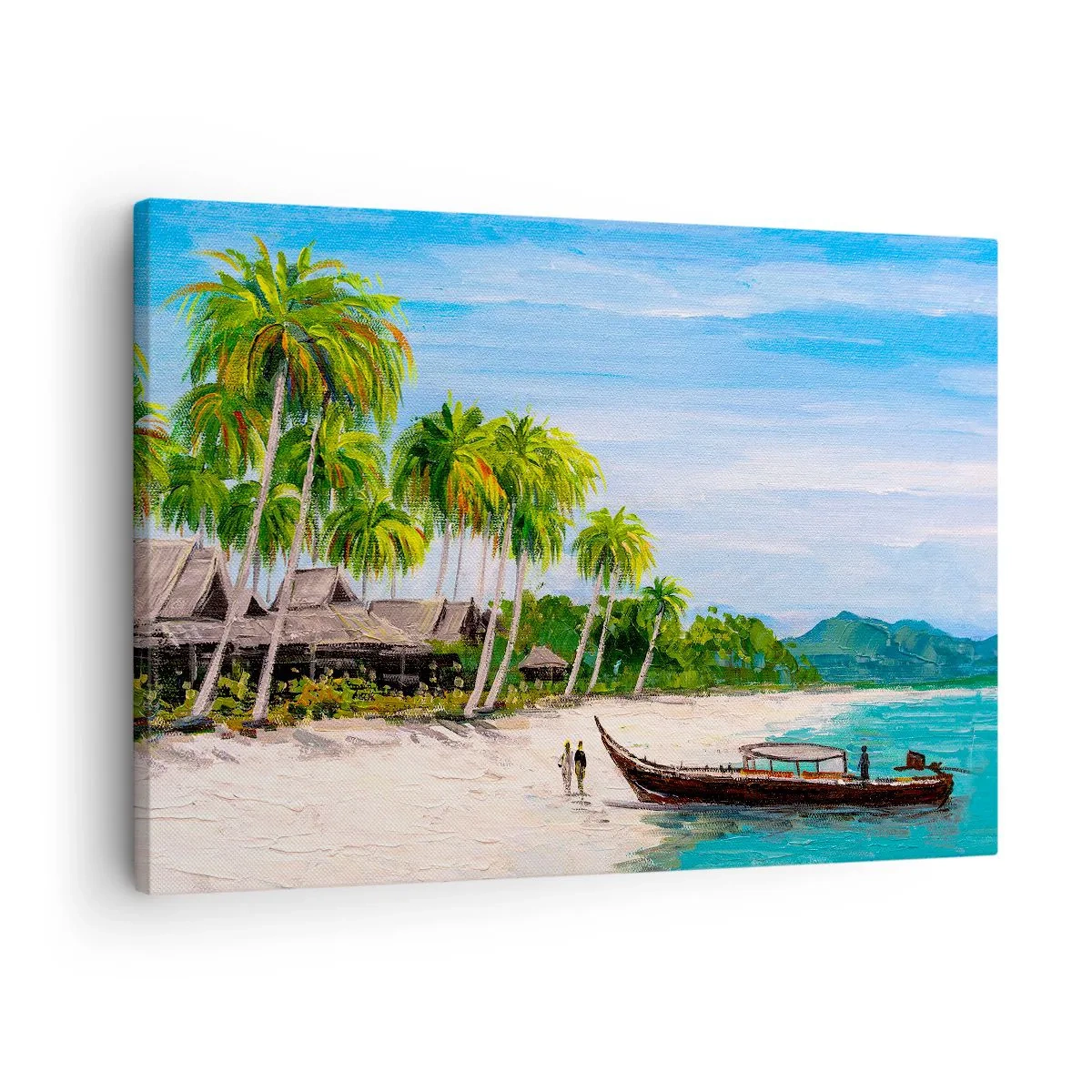 Canvastavla - Bild på duk - En exotisk strand med palmer och en båt vid stranden - 70x50cm - En exotisk dröm - Modern väggdekoration för vardagsrum och sovrum ARTTOR