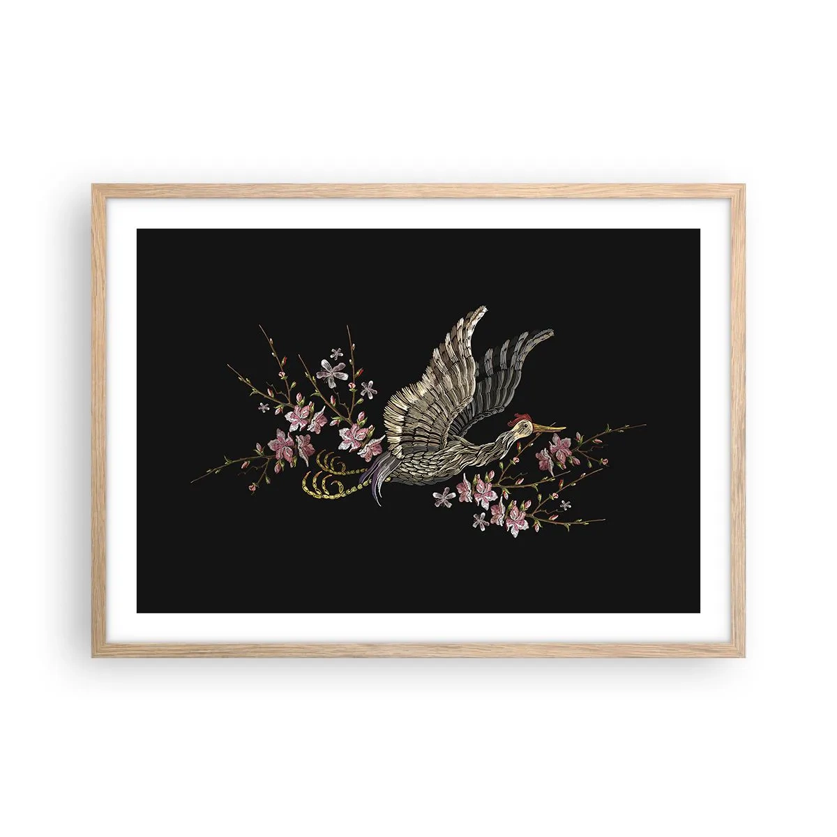 Affisch i ram av ljusek - Exotisk, broderad fågel - 70x50 cm