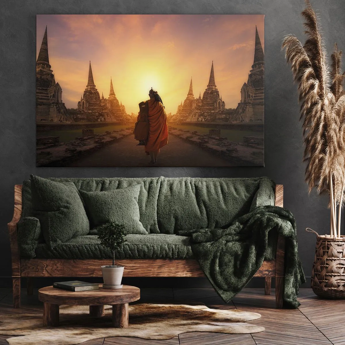 Canvastavla - Bild på duk - En munk bland templen vid solnedgången - 70x50cm - I lugn genom evigheten - Modern väggdekoration för vardagsrum och sovrum ARTTOR