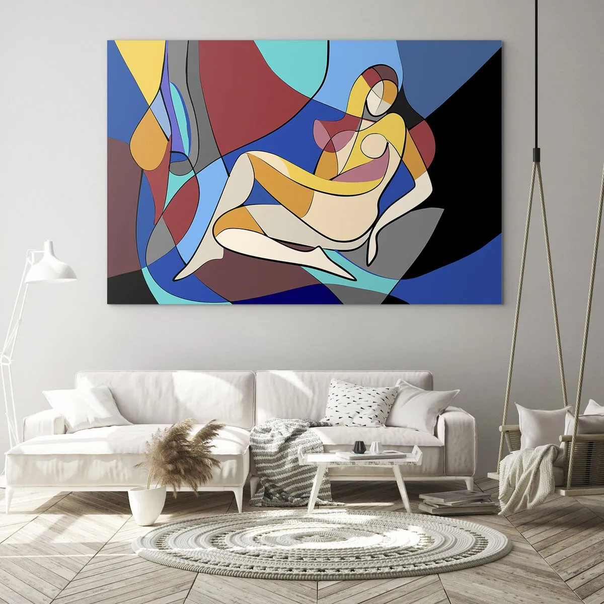 Glastavla - Bild på glas - Kubistisk kvinna i en abstrakt komposition - 70x50cm - Kubistisk nakenbild - Modern väggdekoration för vardagsrum och sovrum ARTTOR