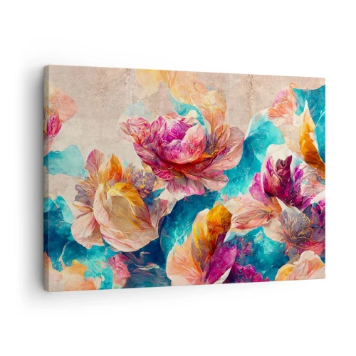 Canvastavla - Bild på duk - Färgglada blommor på en beige bakgrund - 70x50cm - Den färgsprakande prakten hos en bukett - Modern väggdekoration för vardagsrum och sovrum ARTTOR