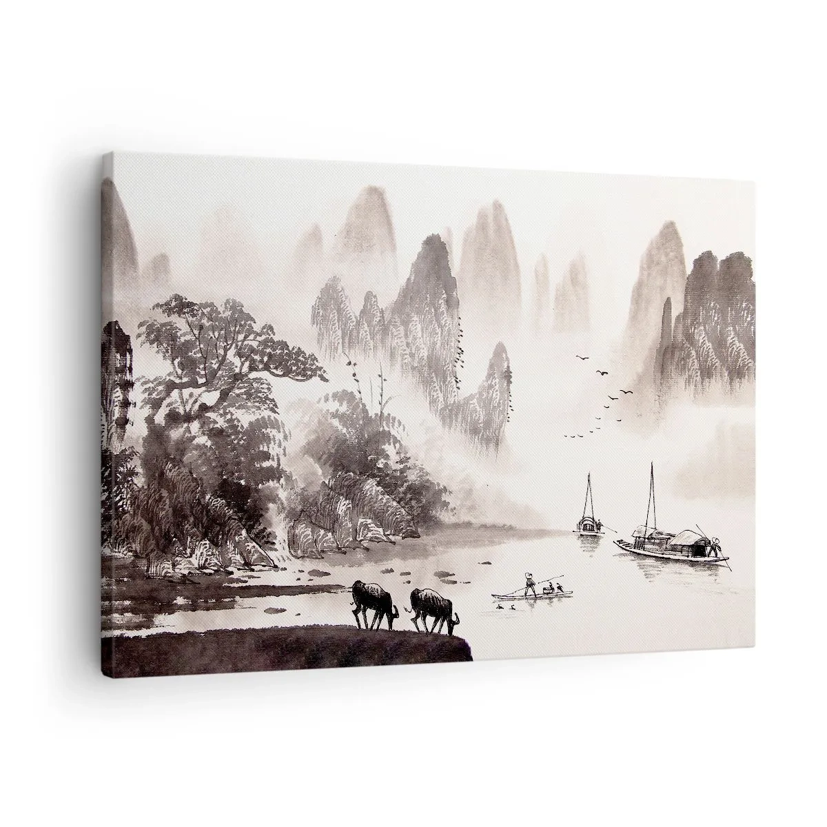 Canvastavla - Bild på duk - Ett pittoreskt landskap i asiatisk stil med dimmiga berg - 70x50cm - Österns exotiska vardag - Modern väggdekoration för vardagsrum och sovrum ARTTOR