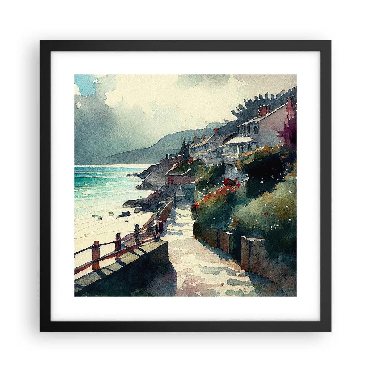 Affisch i svart ram - Medelhavsstad - 40x40 cm