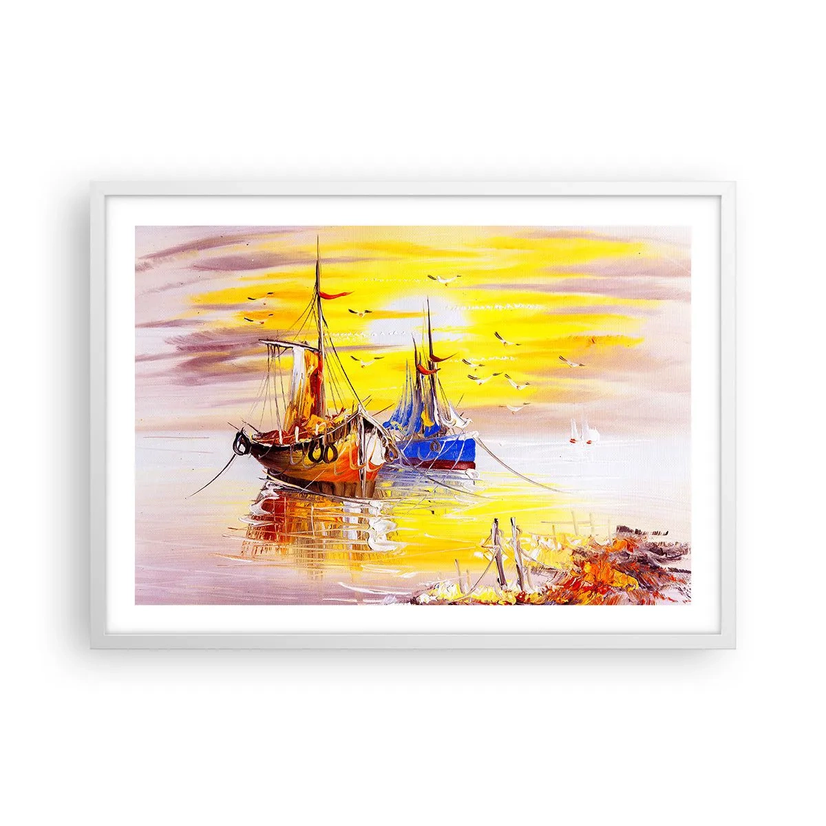 Affisch i vit ram - Välförtjänt vila i hamnen - 70x50 cm
