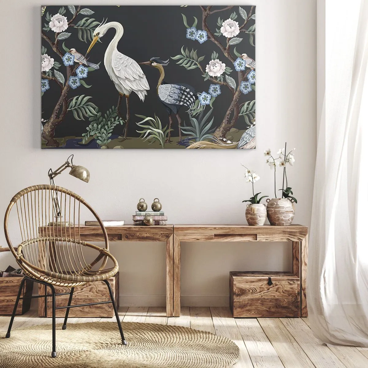 Canvastavla - Bild på duk - Målade fåglar och växter på en mörk bakgrund med ett elegant mönster - 70x50cm - Fågelparad - Modern väggdekoration för vardagsrum och sovrum ARTTOR