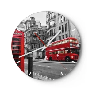 Väggklocka - Klocka på glas - En röd buss och en telefonkiosk mot bakgrund av Londons gator. - 30x30cm - Rödast i Europa - Modern väggdekoration för vardagsrum, kök och sovrum ARTTOR