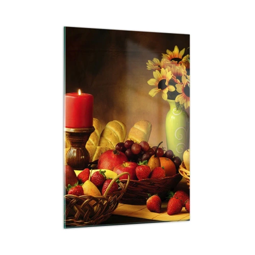 Glastavla - Bild på glas - Stilleben med bröd och frukt - 50x70 cm