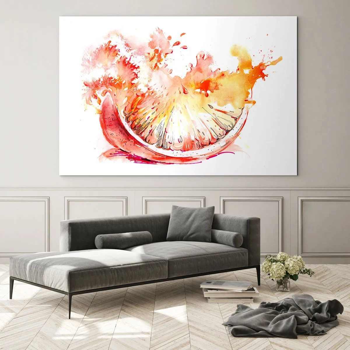 Glastavla - Bild på glas - Akvarellmålning av ett saftigt grapefruktsegment i rörelse - 70x50cm - Saftig uppfriskning - Modern väggdekoration för vardagsrum och sovrum ARTTOR