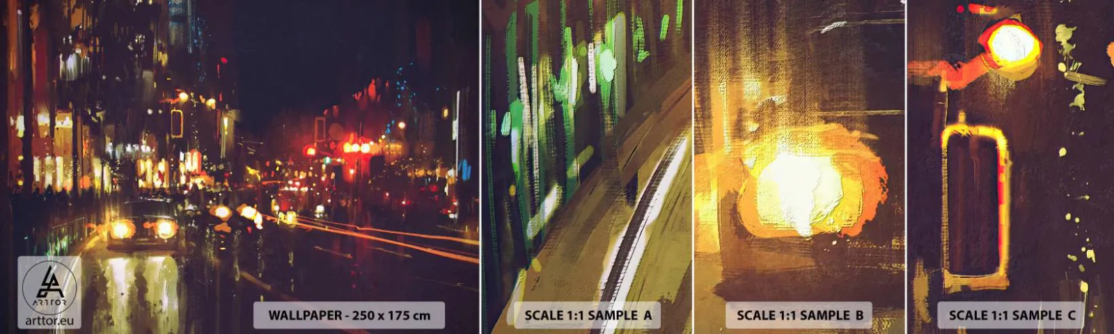 Provbit av självhäftande fototapet Deluxe Sticker - Doppad i nattljuset - Stad, Arkitektur, Nattliv - 100x30 cm