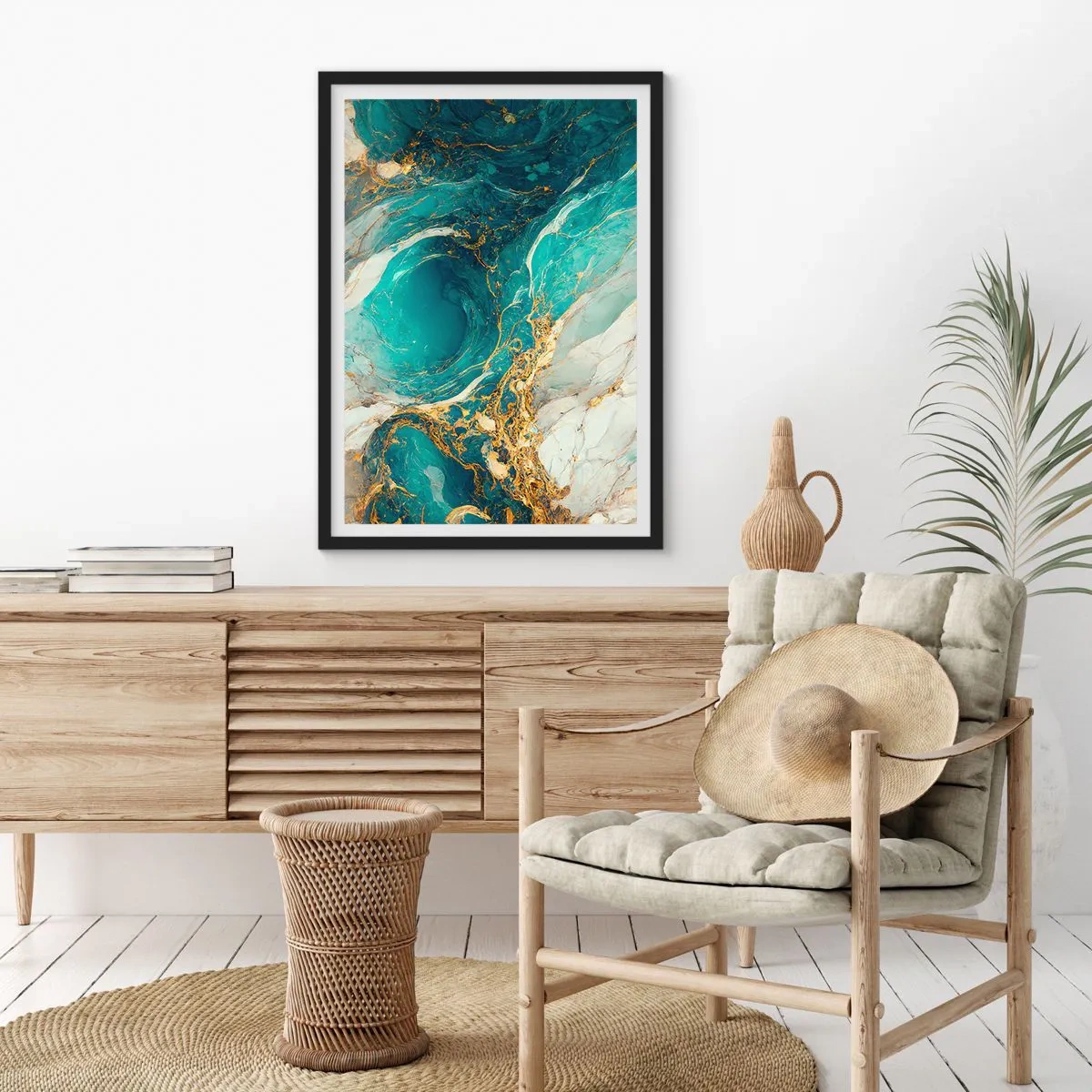 Affisch i svart ram - Turkos abstraktion med gulddetaljer - 50x70cm - En komposition med guldådror - Modern väggdekoration för vardagsrum och sovrum ARTTOR