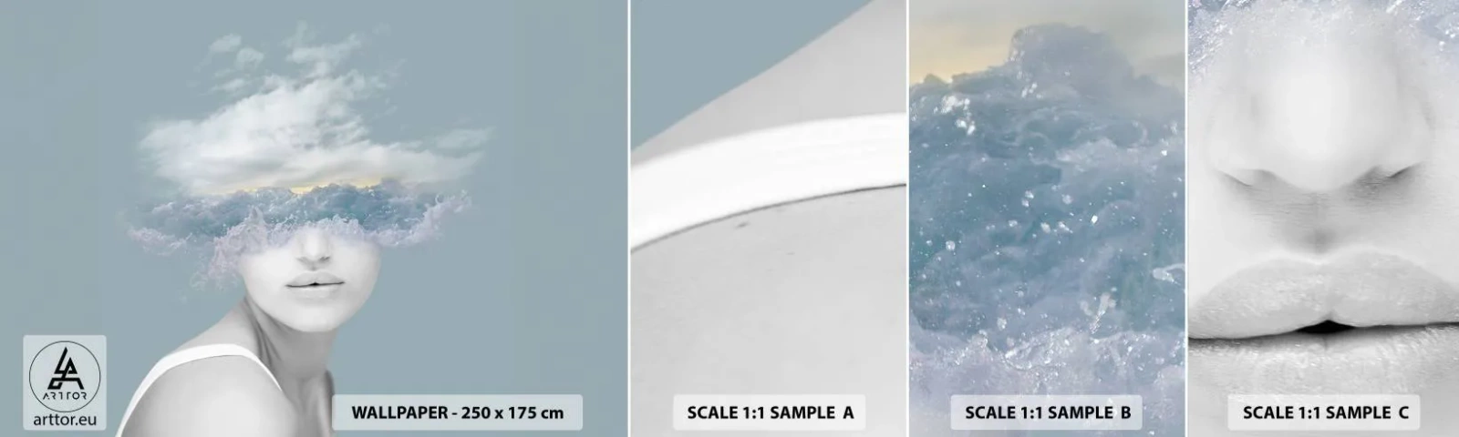 Provbit av självhäftande fototapet Deluxe Sticker - Med huvudet i molnen - Ljus, Porträtt, Moln - 100x30 cm