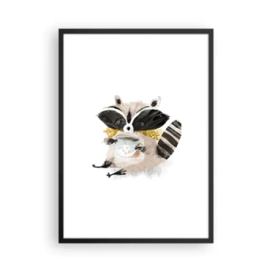 Affisch i svart ram - En teckning av en tvättbjörn som bär en halsduk och håller en kopp te. - 50x70cm - Min vän tvättbjörn - Modern väggdekoration för vardagsrum och sovrum ARTTOR