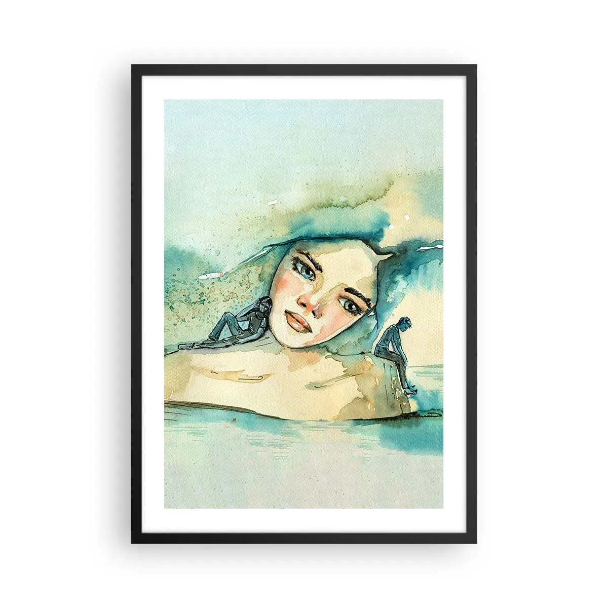 Affisch i svart ram - Porträtt av en kvinna i konstnärlig akvarellstil - 50x70cm - Am I blue? - Modern väggdekoration för vardagsrum och sovrum ARTTOR