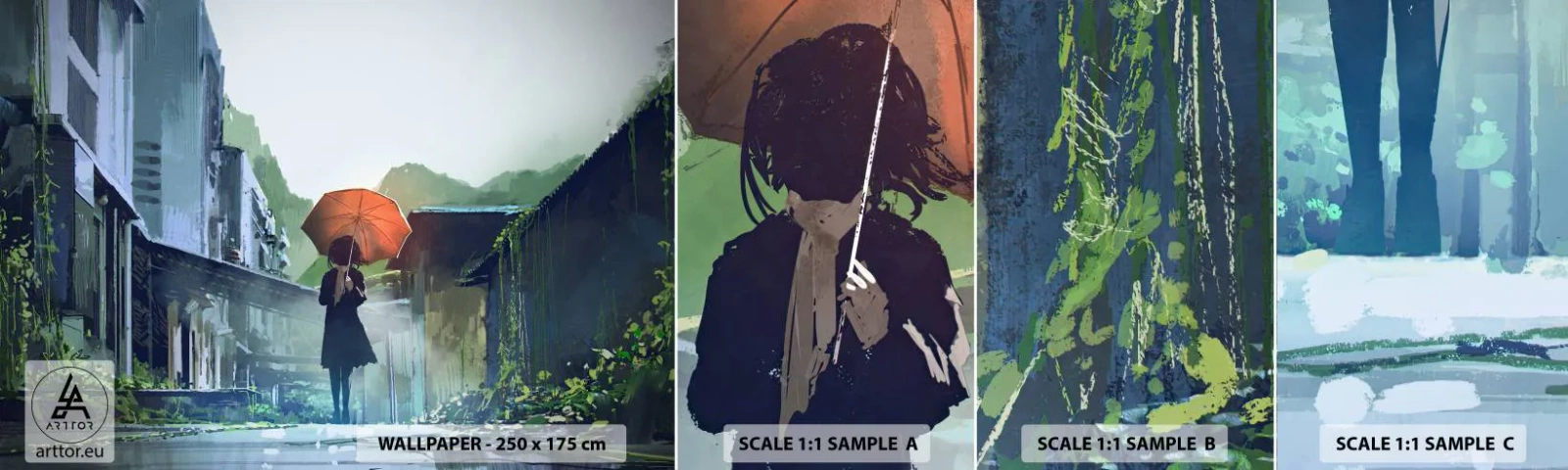 Provbit av självhäftande fototapet Deluxe Sticker - Uppfriskande regn - Abstraktion, Stad, Arkitektur - 100x30 cm