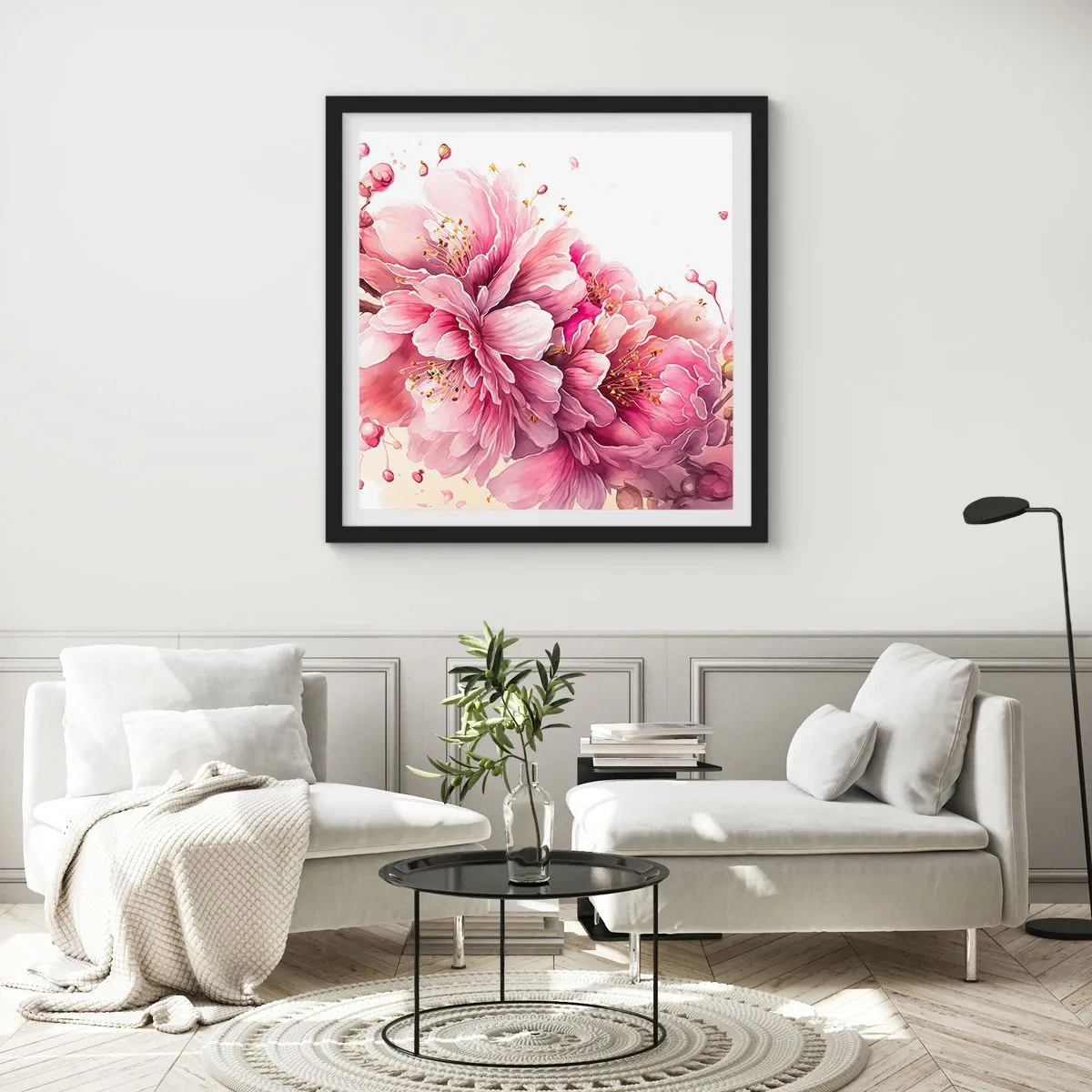 Affisch i svart ram - Blommande körsbärsblomma - 30x30 cm