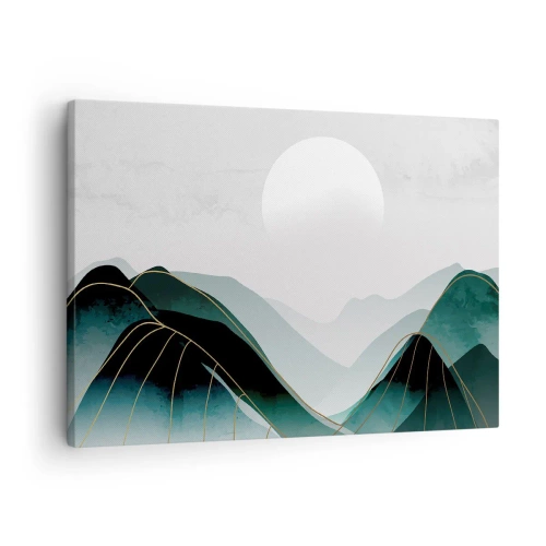 Canvastavla - Bild på duk - Abstrakt bergslandskap med månen och gyllene linjer - 70x50cm - I fullt majestät - Modern väggdekoration för vardagsrum och sovrum ARTTOR
