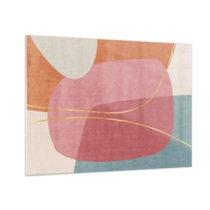 Glastavla - Bild på glas - Pastellformer med korsande guldlinjer - 70x50cm - Pastellkomposition med guldtråd - Modern väggdekoration för vardagsrum och sovrum ARTTOR