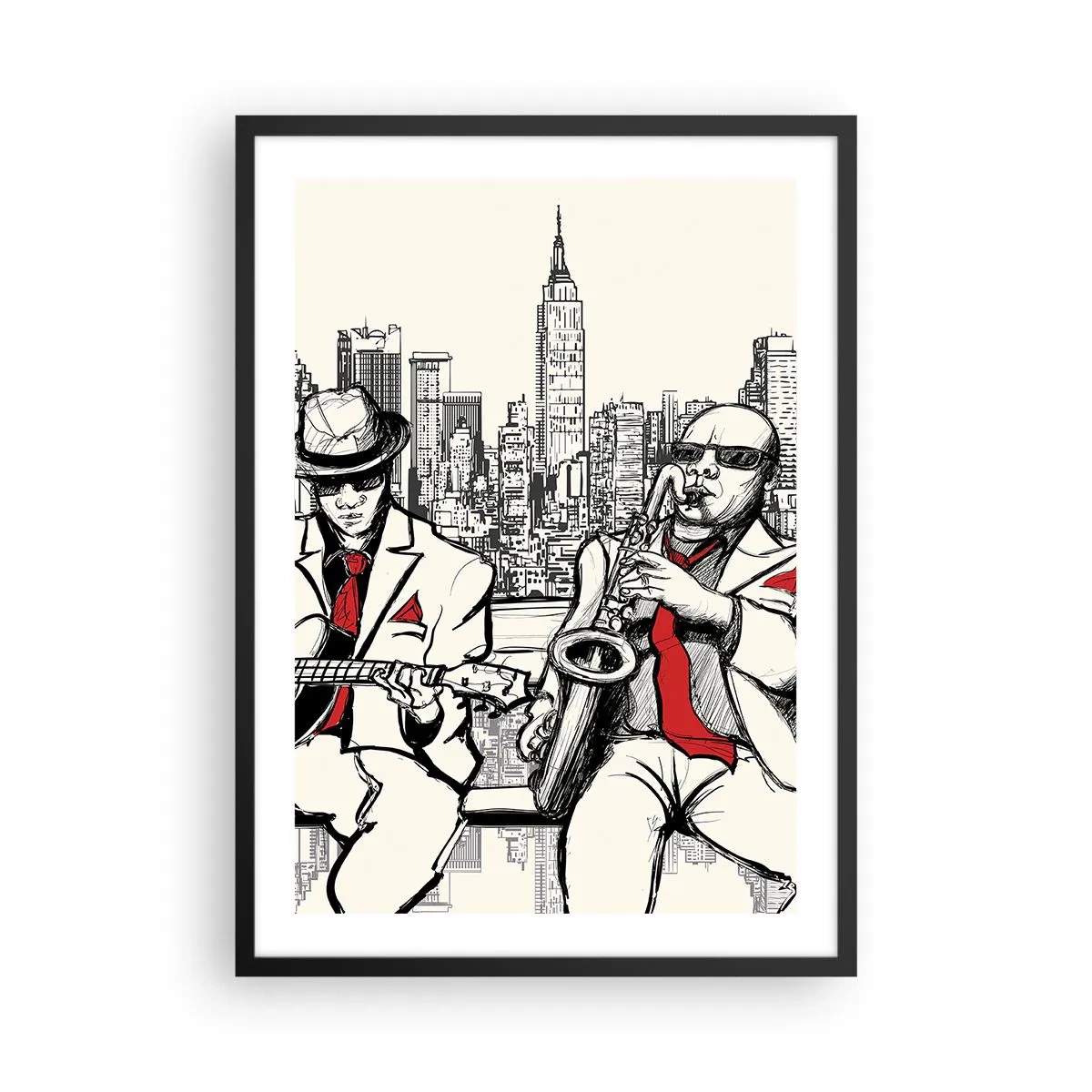 Affisch i svart ram - Två jazzmusiker mot bakgrund av stadens silhuett - 50x70cm - New Yorks improvisation - Modern väggdekoration för vardagsrum och sovrum ARTTOR