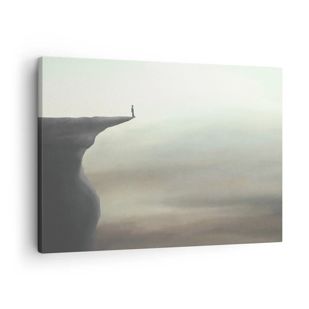 Canvastavla - Bild på duk - Silhuett av en figur på kanten av en klippa i ett dimmigt landskap - 70x50cm - Uppåt, naturligtvis! - Modern väggdekoration för vardagsrum och sovrum ARTTOR