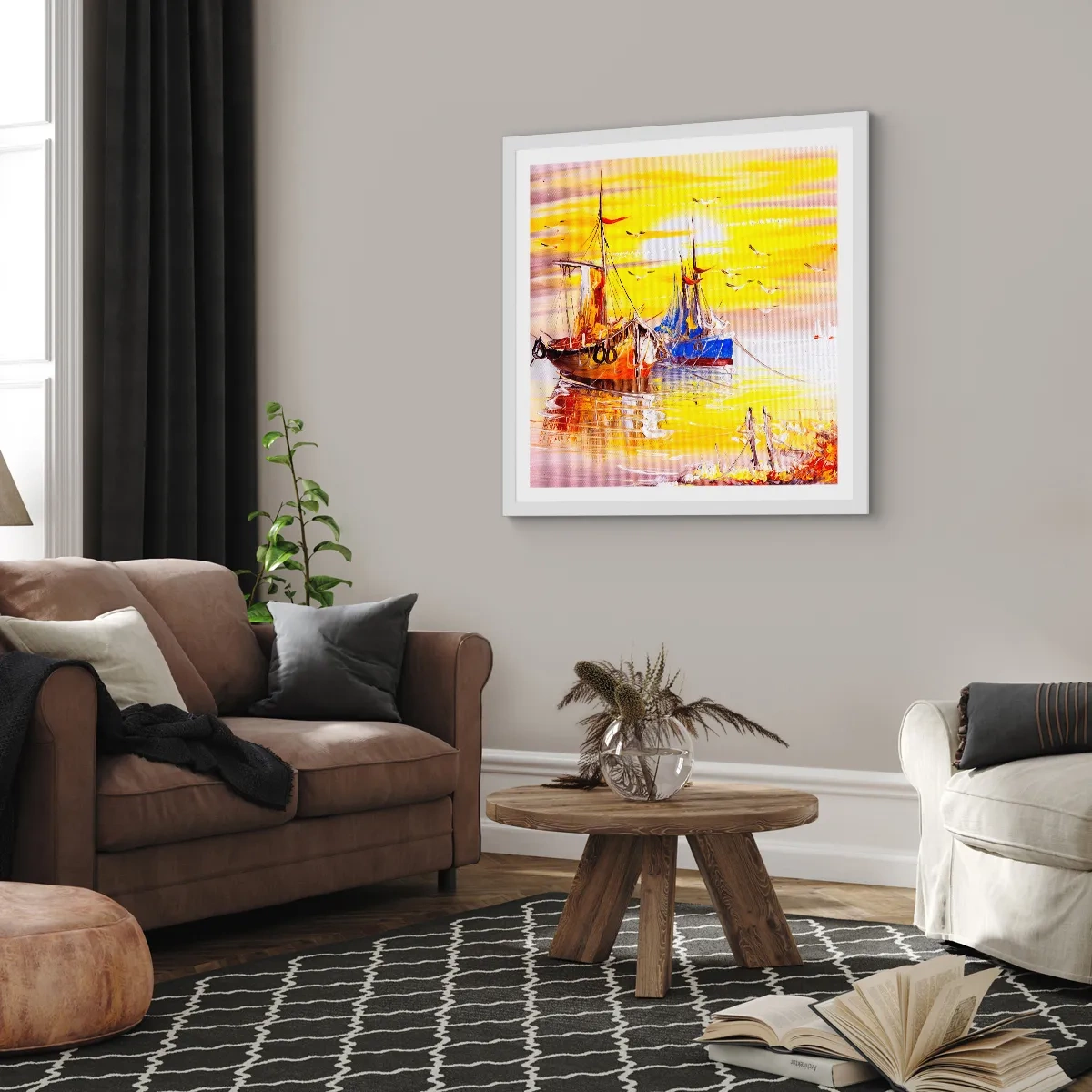 Affisch i vit ram - Välförtjänt vila i hamnen - 50x50 cm