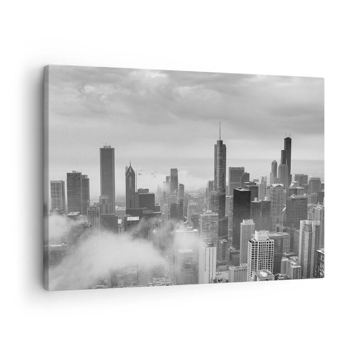 Canvastavla - Bild på duk - Stadspanorama med skyskrapor i molnen i svartvitt - 70x50cm - Amerikanskt landskap - Modern väggdekoration för vardagsrum och sovrum ARTTOR