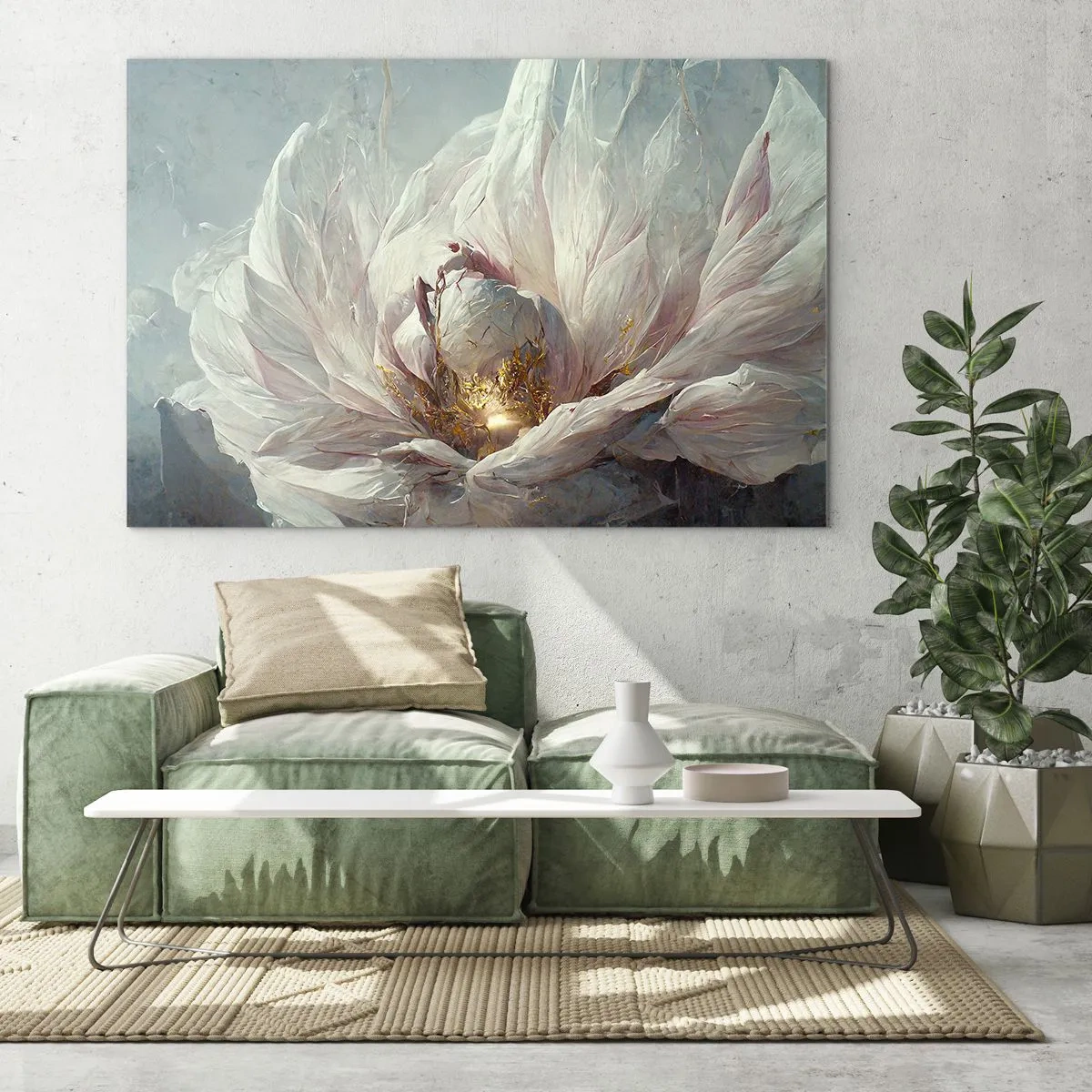 Glastavla - Bild på glas - En blommande blomma i delikata grått och guld - 70x50cm - Blommar en gång på hundra år - Modern väggdekoration för vardagsrum och sovrum ARTTOR