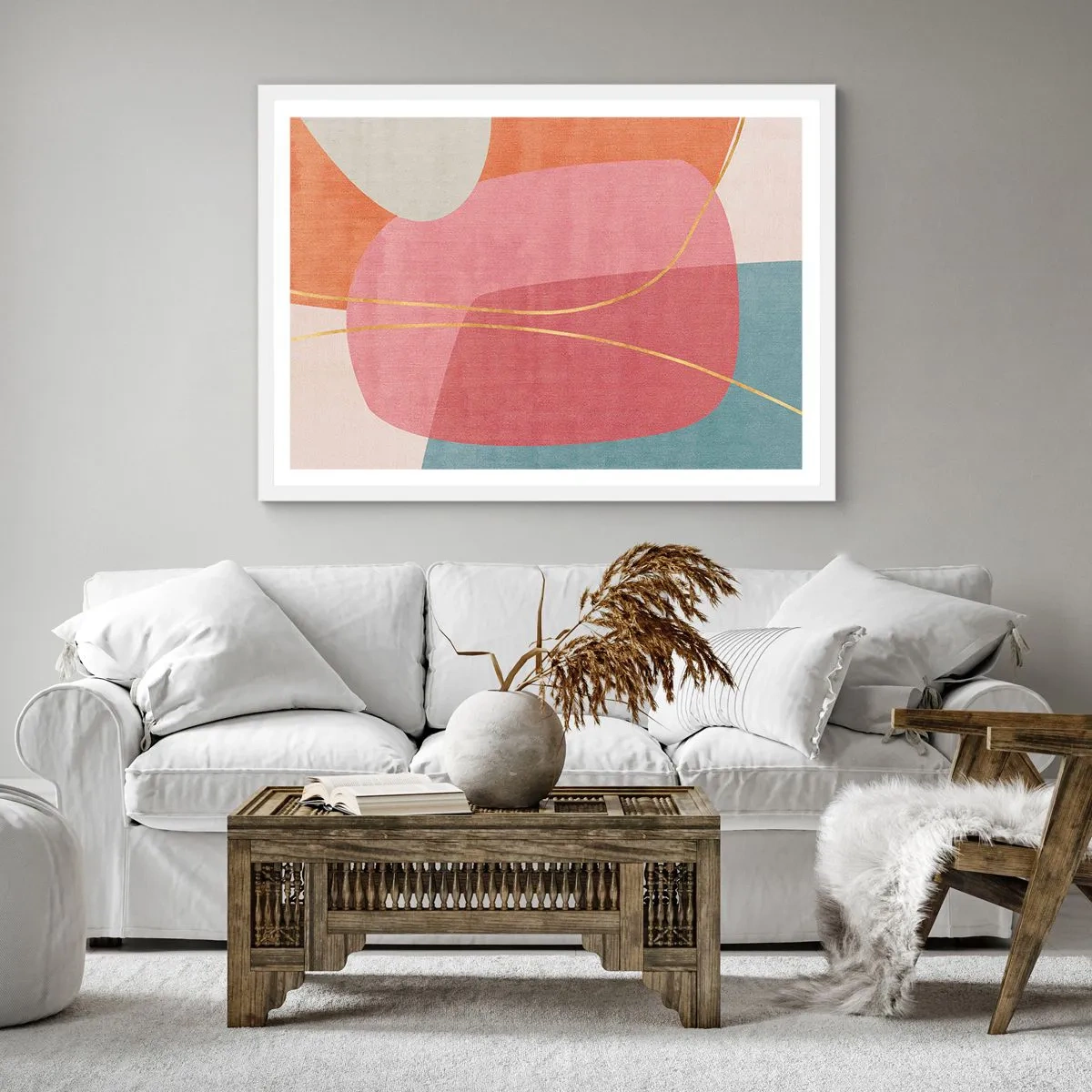 Affisch i vit ram - Pastellkomposition med guldtråd - 40x40 cm