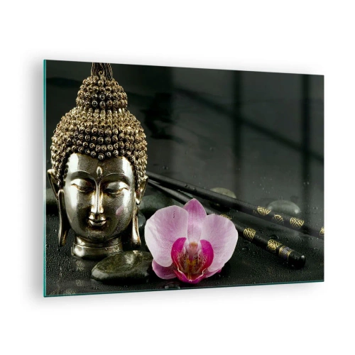 Glastavla - Bild på glas - Buddhistiskt huvud med en rosa blomma på en bakgrund av stenar - 70x50cm - Visshetens och skönhetens harmoni - Modern väggdekoration för vardagsrum och sovrum ARTTOR