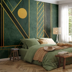 Självhäftande Fototapet Deluxe Sticker - Dynamik av guld och azurblå - Abstraktion, Bit, Geometriskt mönster - 300x210 cm