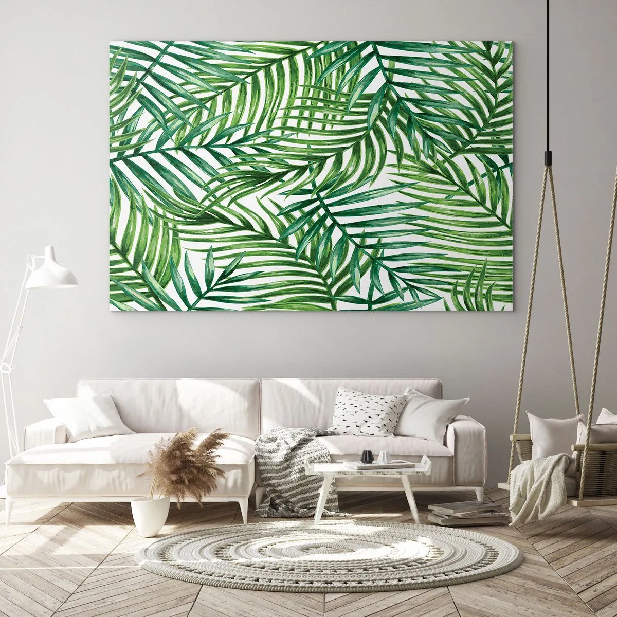 Glastavla - Bild på glas - Gröna palmblad på en vit bakgrund som skapar ett geometriskt mönster - 70x50cm - Under gröna baldakinen - Modern väggdekoration för vardagsrum och sovrum ARTTOR