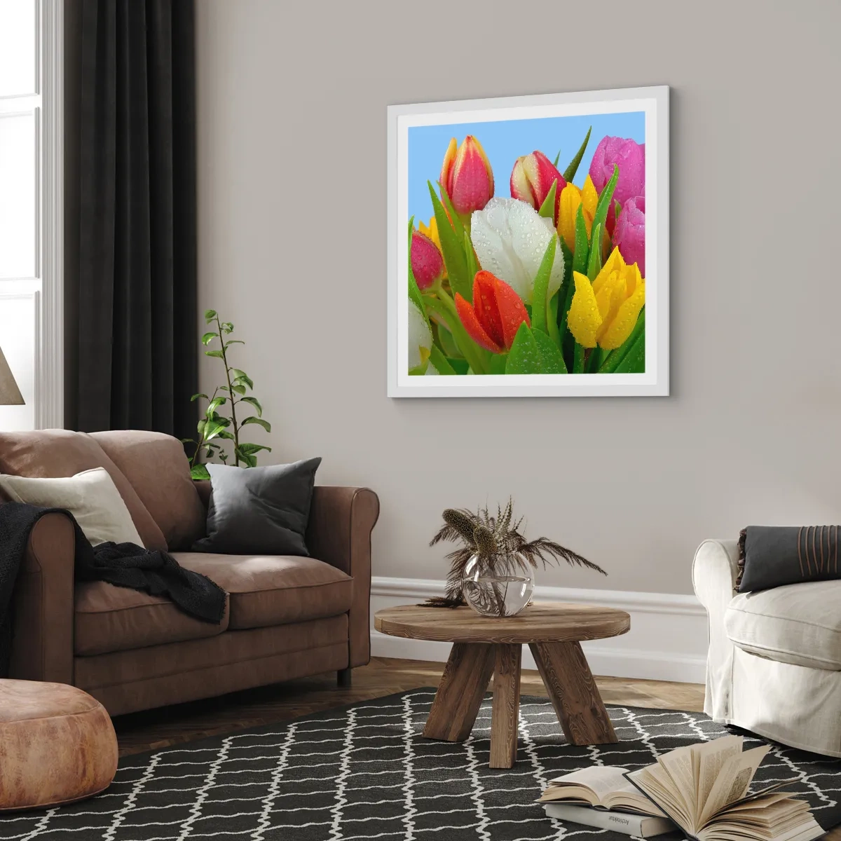 Affisch i vit ram - blommig regnbåge i daggdroppar - 40x40 cm