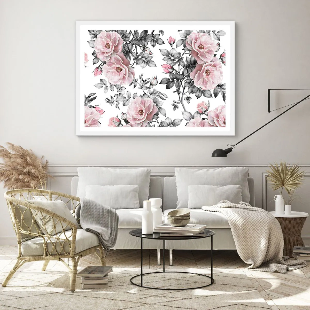 Affisch i vit ram - Tappa sig i rosblommorna - 70x50 cm