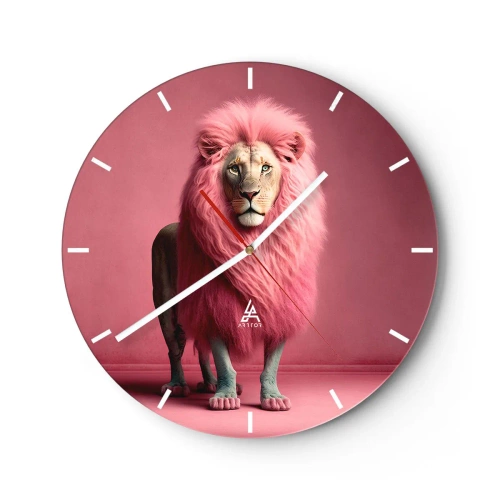 Väggklocka - Klocka på glas - Ett lejon med en intensivt rosa man mot en bakgrund av samma färg - 30x30cm - Och du är inte längre rädd - Modern väggdekoration för vardagsrum, kök och sovrum ARTTOR