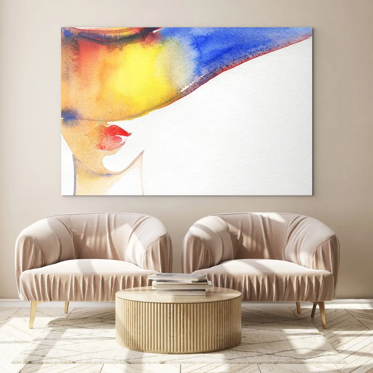 Glastavla - Bild på glas - Porträtt av en kvinna i färgglad akvarellabstraktion - 70x50cm - Damporträtt    - Modern väggdekoration för vardagsrum och sovrum ARTTOR