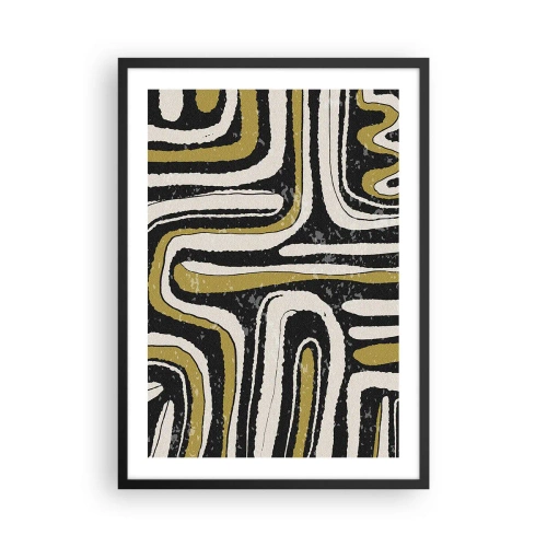 Affisch i svart ram - Geometrisk abstraktion i svart, beige och guld - 50x70cm - Komposition: stråk och gränder - Modern väggdekoration för vardagsrum och sovrum ARTTOR