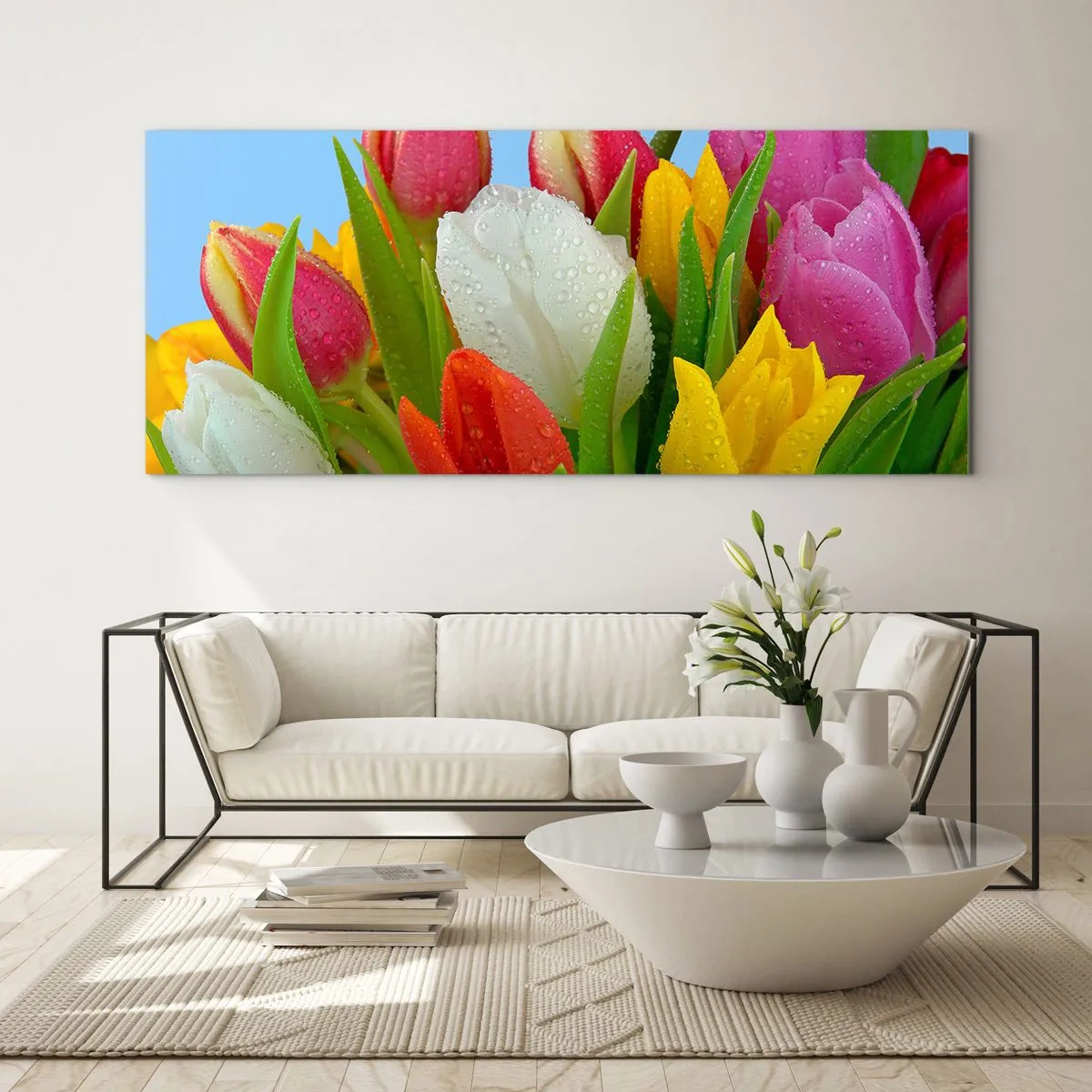 Glastavla - Bild på glas - blommig regnbåge i daggdroppar - 100x40 cm