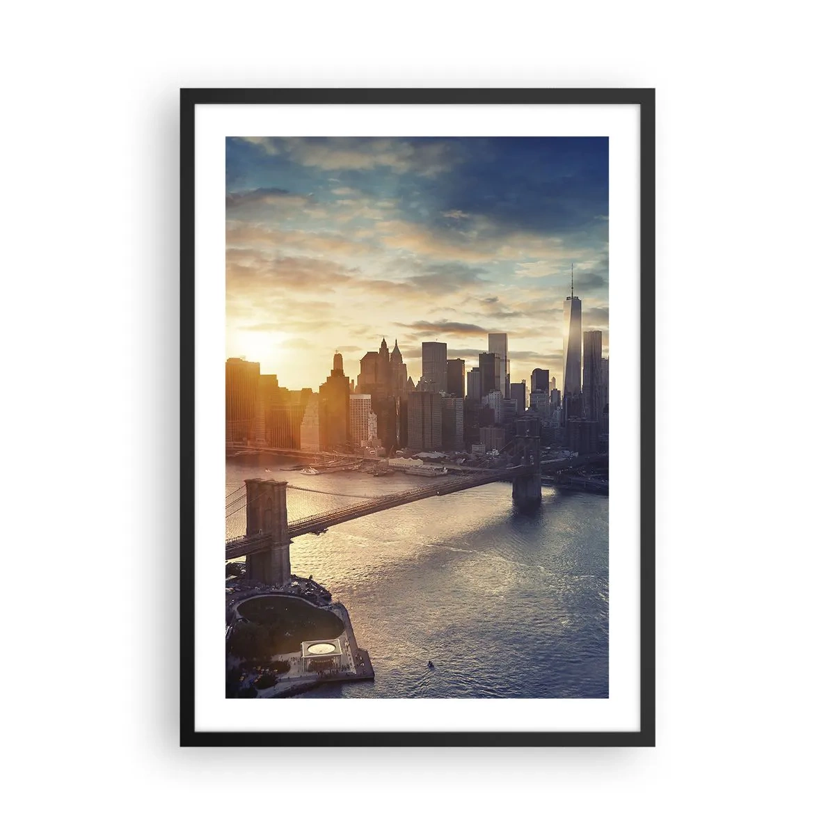 Affisch i svart ram - Utsikt över Manhattan i solnedgången med Brooklynbron - 50x70cm - Västkulturens monument - Modern väggdekoration för vardagsrum och sovrum ARTTOR