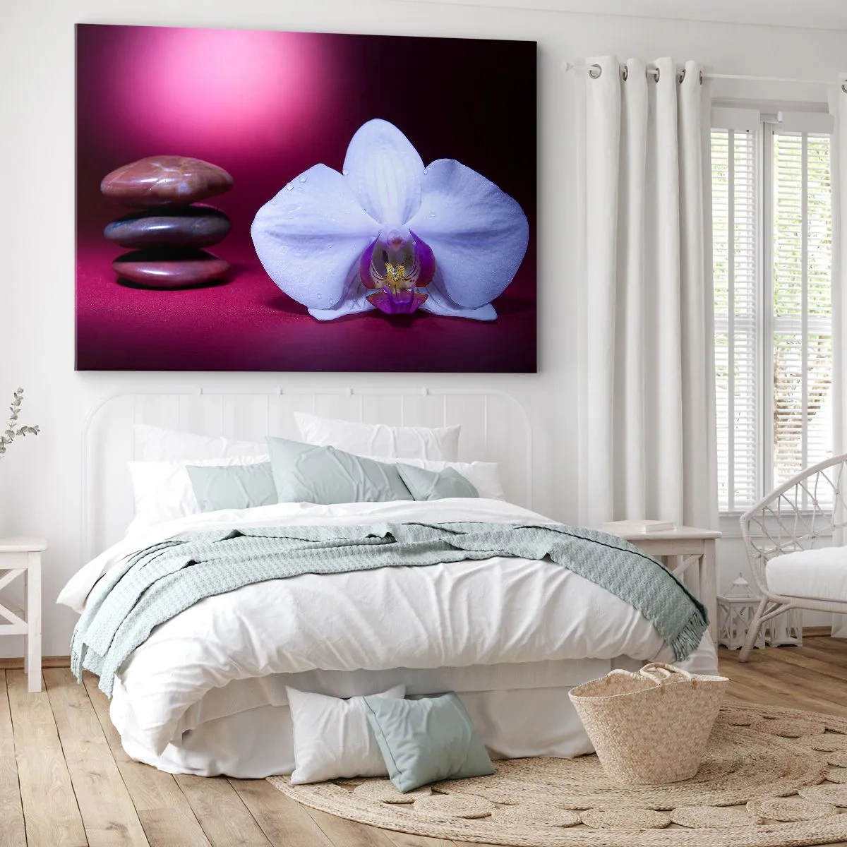 Canvastavla - Bild på duk - Vit orkidé och stenar på en rosa bakgrund - 70x50cm - En fräschhetsstudie i violett - Modern väggdekoration för vardagsrum och sovrum ARTTOR